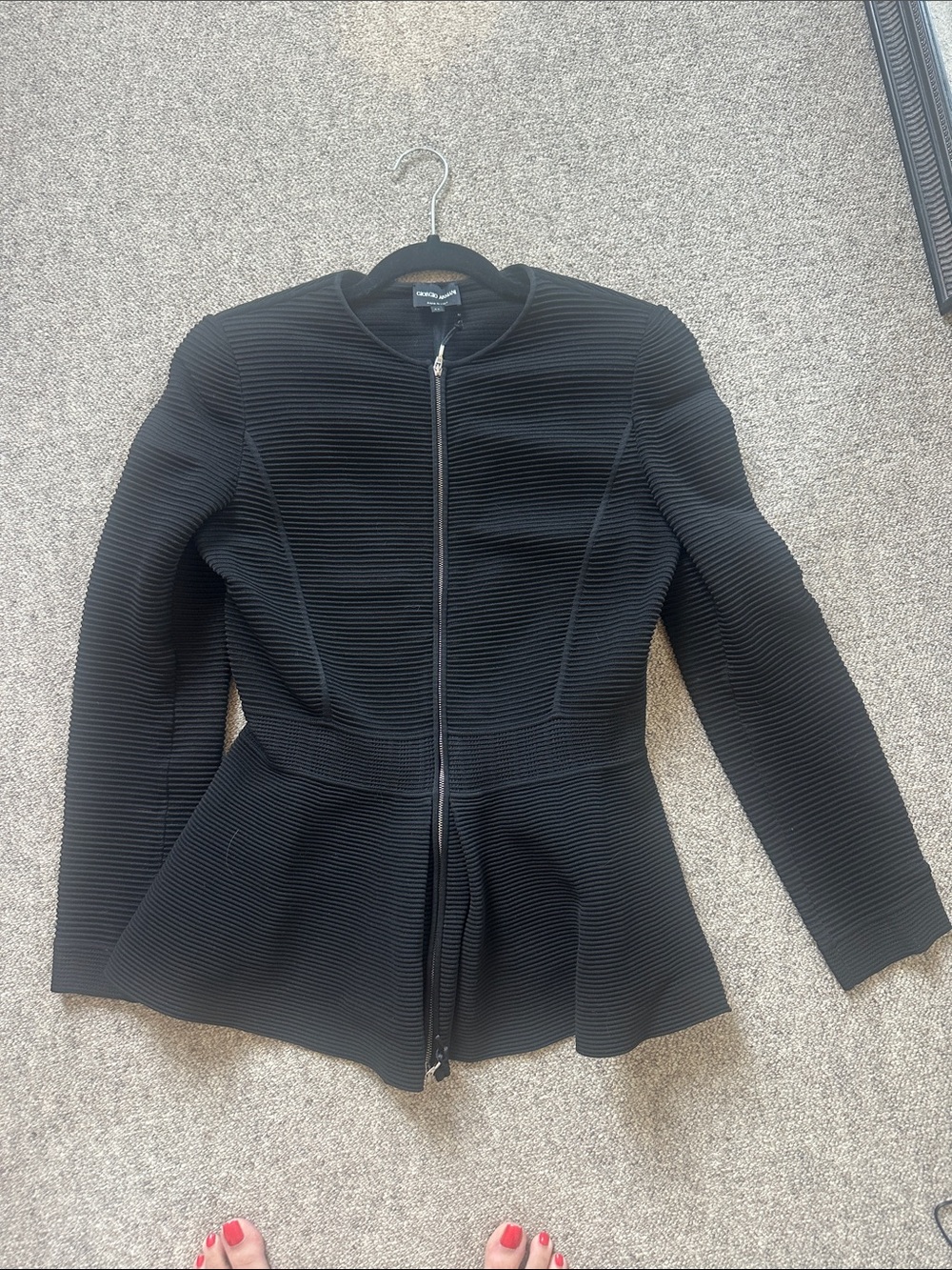 Giorgio Armani Black Ribbed Zip Peplum Jacket